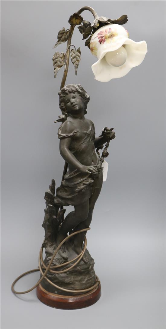 A late 19th century French bronzed spelter figural table lamp, after Auguste Moreau height 66cm